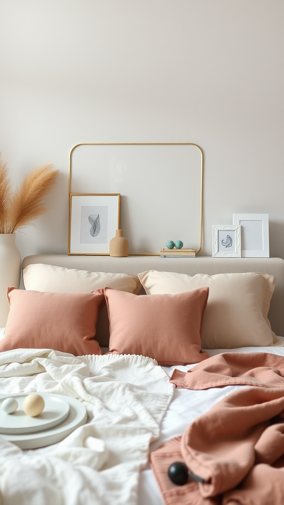 A cozy bedroom featuring dusty pink accents with pillows and throws on a bed, complemented by a minimalistic decor.