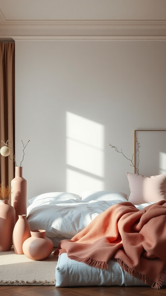 A cozy bedroom featuring dusty pink accessories, including a blanket, pillows, and vases.