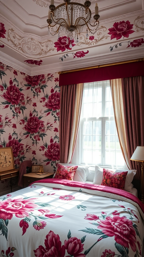 A beautifully decorated burgundy bedroom featuring floral wallpaper and matching bedding.