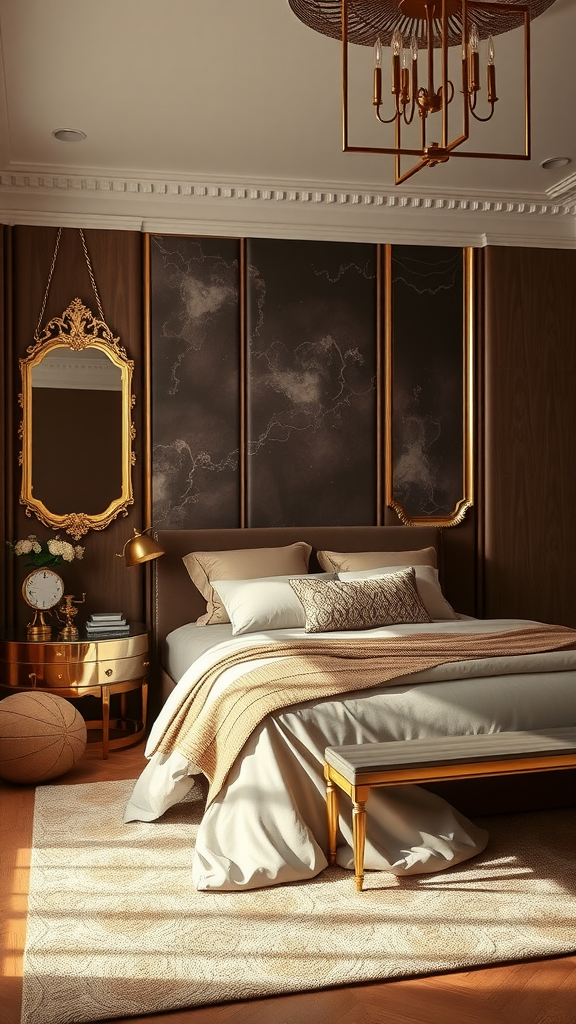 Cozy chocolate brown bedroom with gold accents featuring a comfortable bed, elegant mirror, and stylish decor.