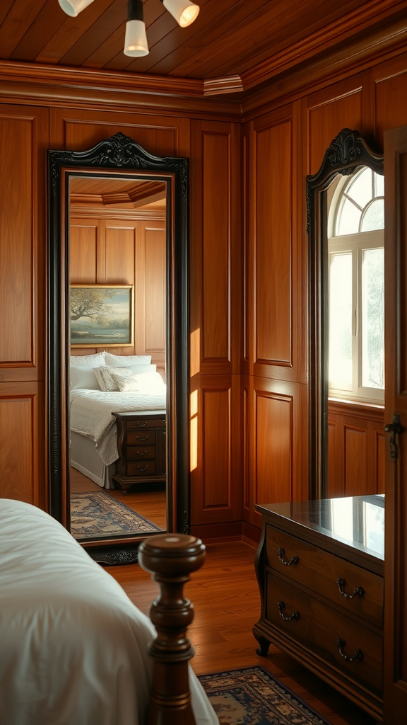 A cozy cherry wood bedroom featuring a large ornate mirror, wooden paneling, and warm lighting.
