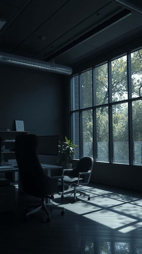 A dark office space with large windows letting in natural light, featuring two chairs and a plant.