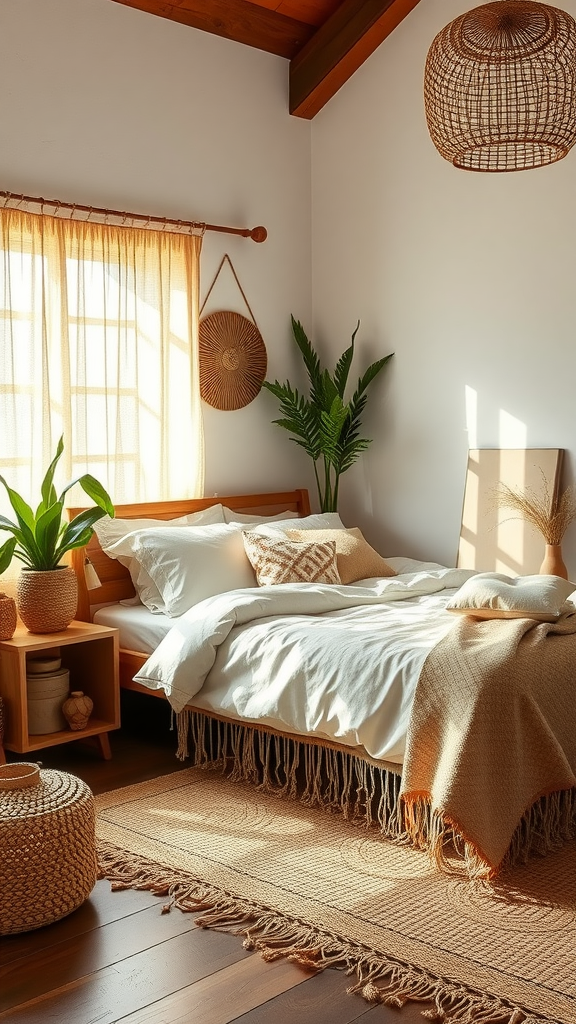 Cozy western boho bedroom with natural materials and warm tones.