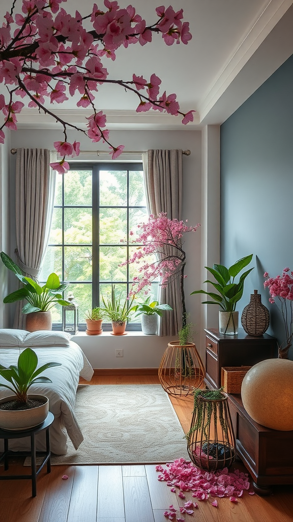 A cozy cherry bedroom featuring pink cherry blossoms, green plants, and natural light