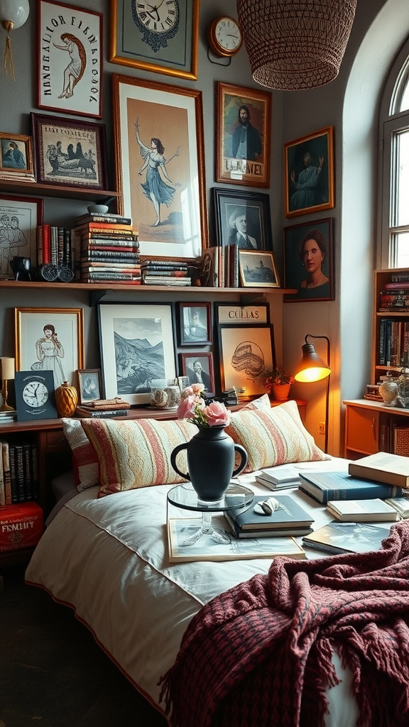 A cozy western boho bedroom featuring books, framed art, and decorative items.