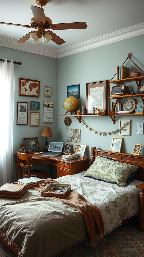Cozy bedroom with personal mementos and warm decor