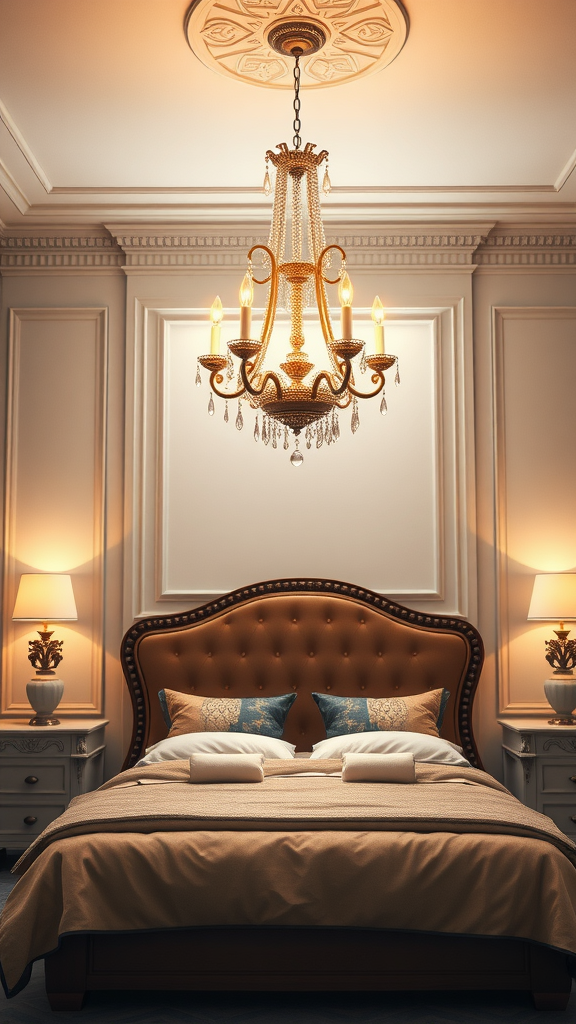 A cozy bedroom featuring an elegant chandelier and warm bedside lamps