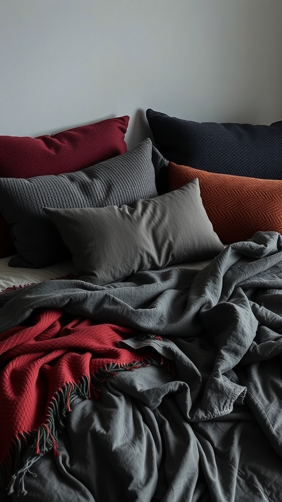 A cozy bed with various textured throws and pillows in moody tones