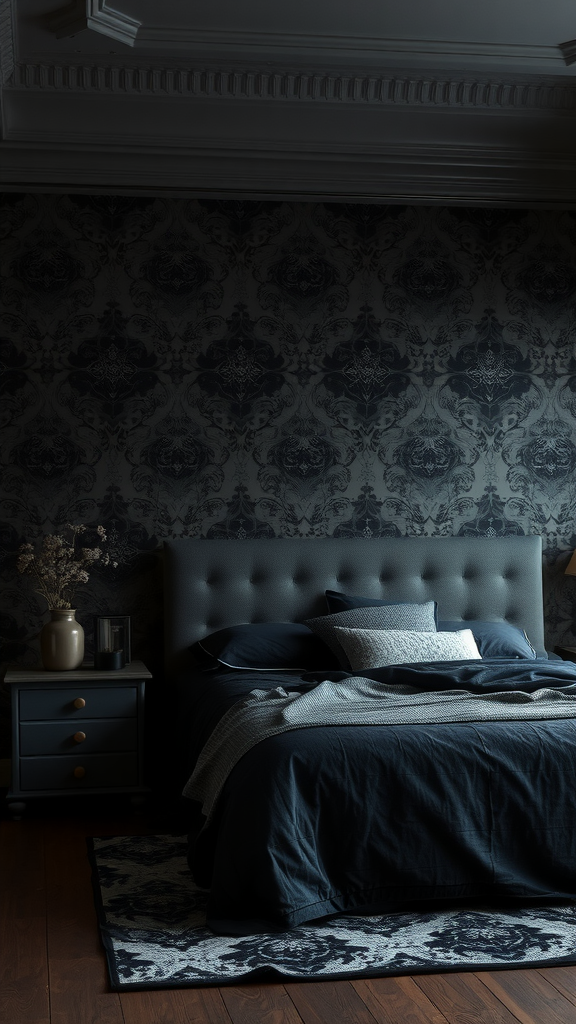 A dark, cozy bedroom featuring textured wallpaper with intricate patterns, a plush bed with various pillows, and a wooden floor.