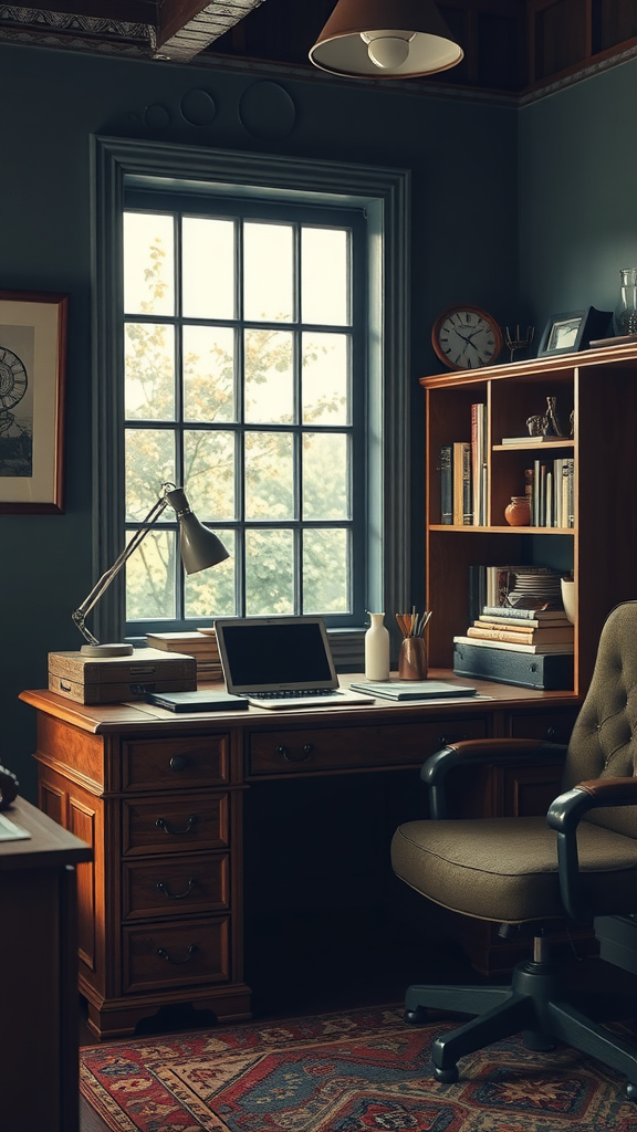 A cozy vintage-inspired office with a wooden desk, bookshelves, and a large window.