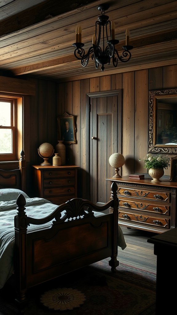 A dark cottagecore bedroom featuring vintage wooden furniture, a chandelier, and warm lighting.