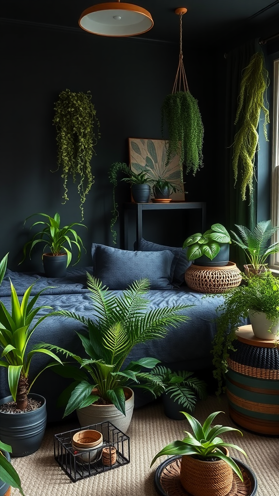 A dark cottagecore bedroom with indoor plants arranged around a cozy bed