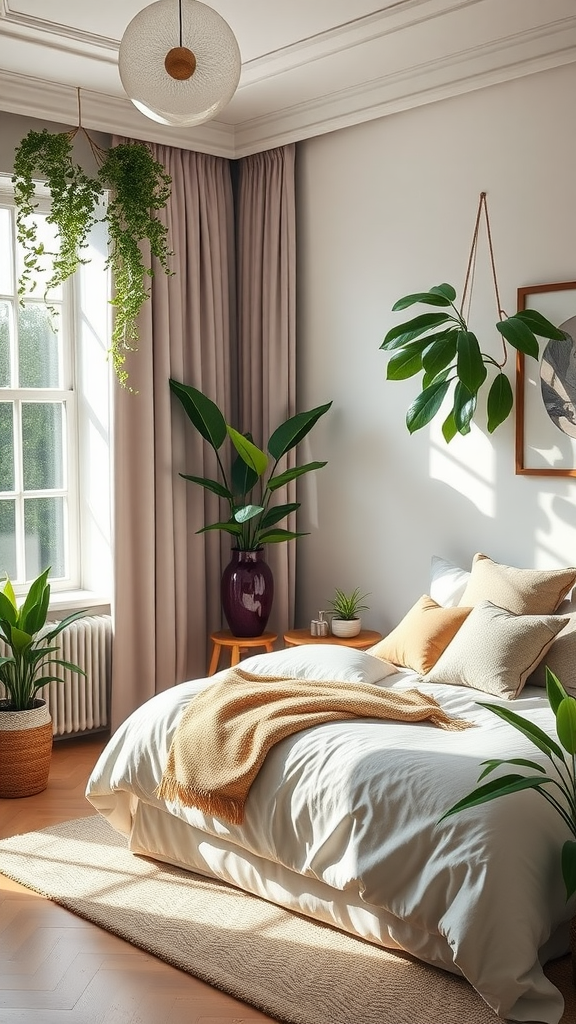 A stylish bedroom with indoor plants, featuring hanging and floor plants, soft bedding, and sunlight streaming through the window.