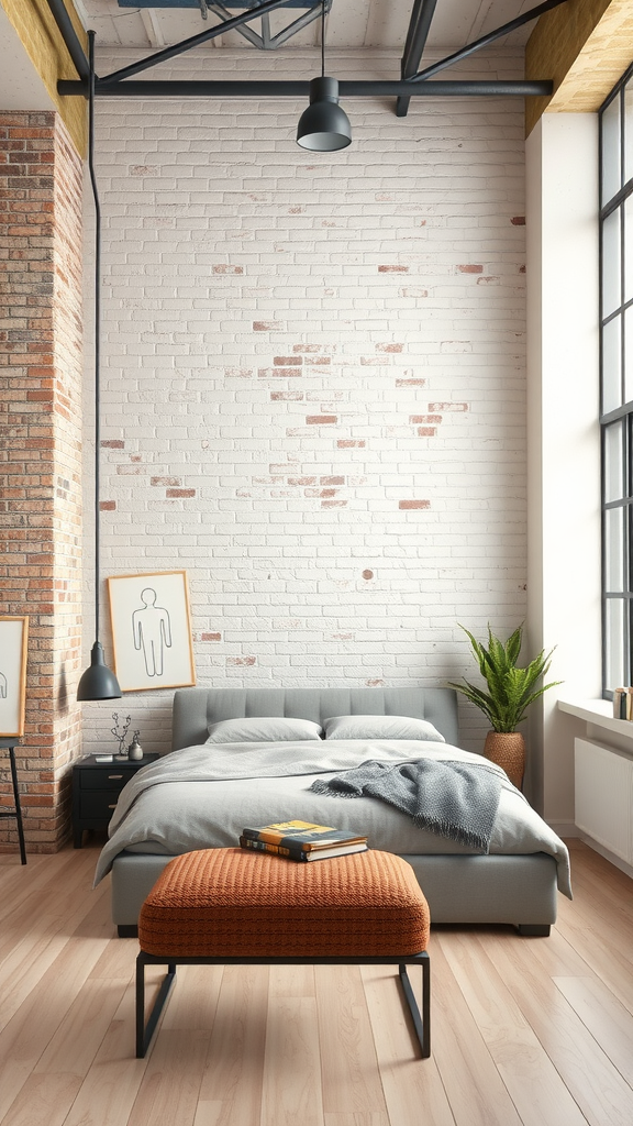 A stylish industrial bedroom featuring exposed brick, a gray bed, and an orange ottoman.