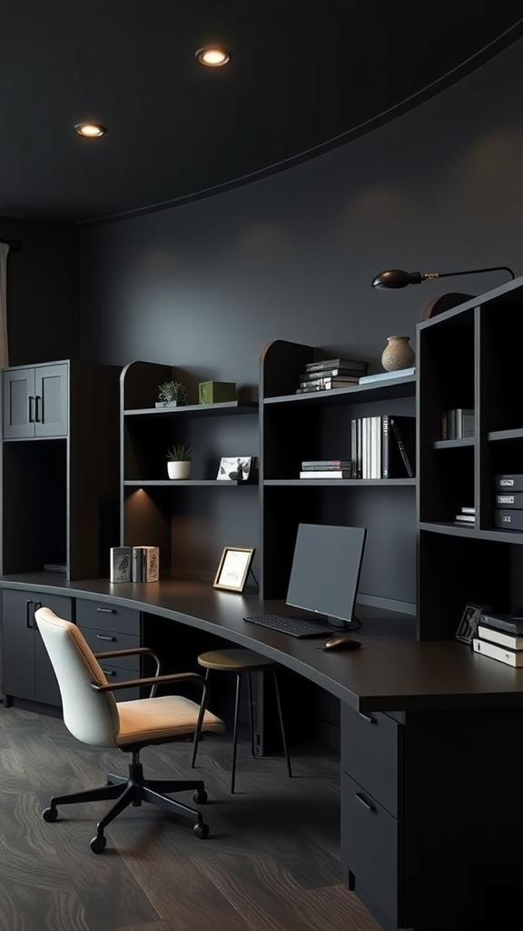 A modern, dark-themed office featuring a curved desk, shelves, and a cozy chair.