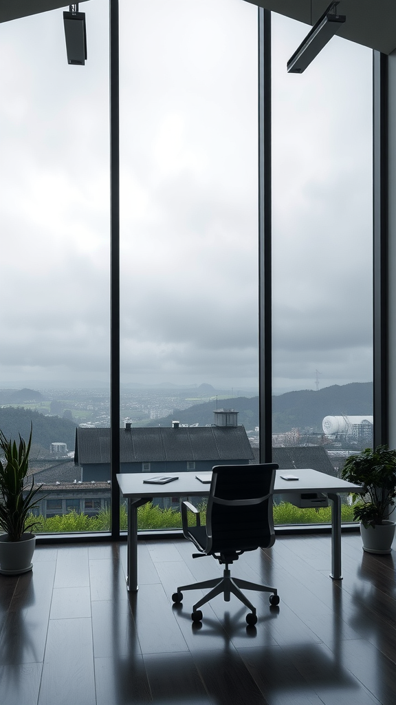 A modern office with a large window view of a cloudy landscape and green hills. Moody Office Ideas