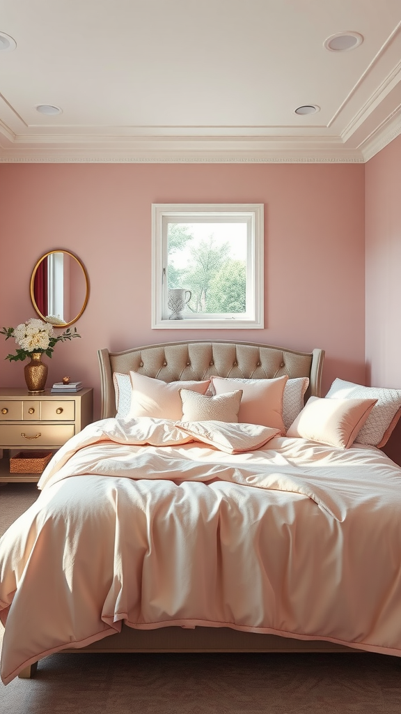 A cozy bedroom featuring dusty pink walls, a plush bed with soft pillows, and metallic accents like a gold nightstand and round mirror.