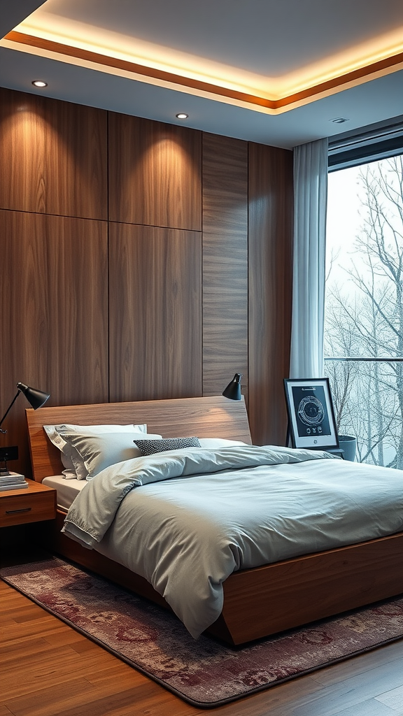 A modern cherry wood bedroom featuring a cozy bed, stylish lighting, and a large window.