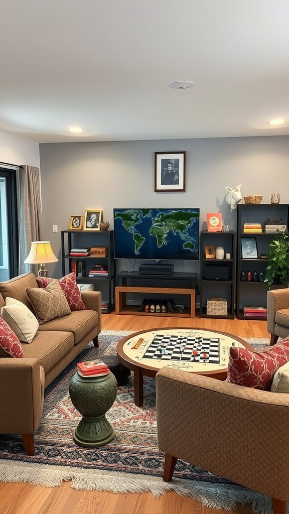 A cozy living room with a game table featuring a checkers board, surrounded by comfortable sofas and warm decor.