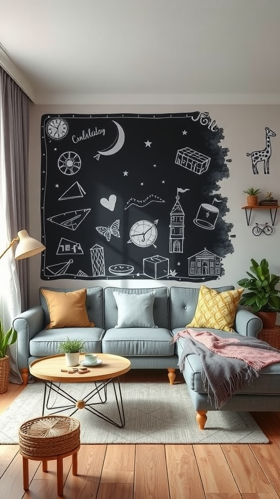 A cozy cutecore living room with chalkboard wall art, colorful cushions, and plants.
