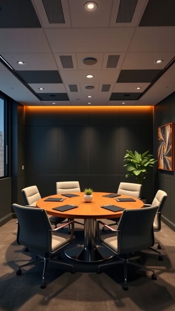 Modern meeting room with round table, comfortable chairs, and subtle lighting.