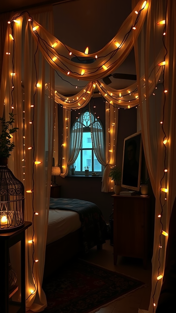 A cozy bedroom with warm fairy lights draped over sheer curtains, creating a dreamy atmosphere. 25 Stunning Gothic Boho Bedroom Ideas to Transform Your Space