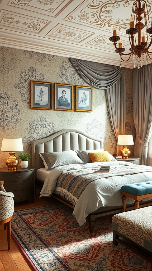 A classy bedroom with intricate patterns and textures, featuring a damask patterned wall, detailed ceiling, and a colorful area rug.