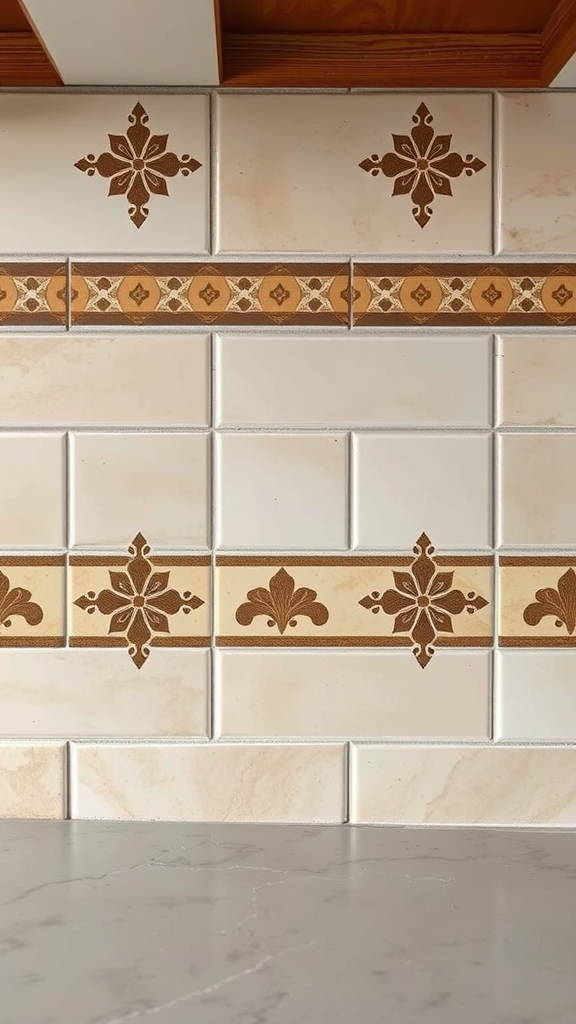Intricate tile patterns in a kitchen with floral and geometric designs in earthy tones.
