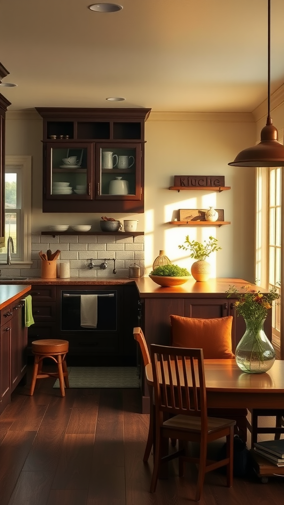A cozy kitchen with dark wood cabinets and green plants, creating a warm and inviting atmosphere.