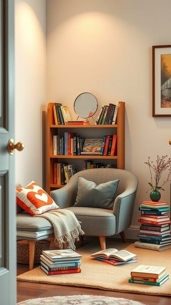 A cozy reading nook with a comfortable chair, a footstool, a bookshelf filled with books, and scattered books on the floor, all in a cutecore bedroom style.