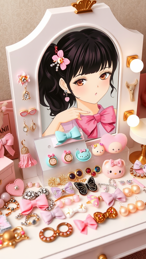 A collection of kawaii-themed accessories including bows, earrings, and cute animal designs displayed on a vanity.