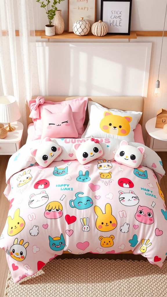 A kawaii-themed bedding set featuring playful characters and pastel colors.