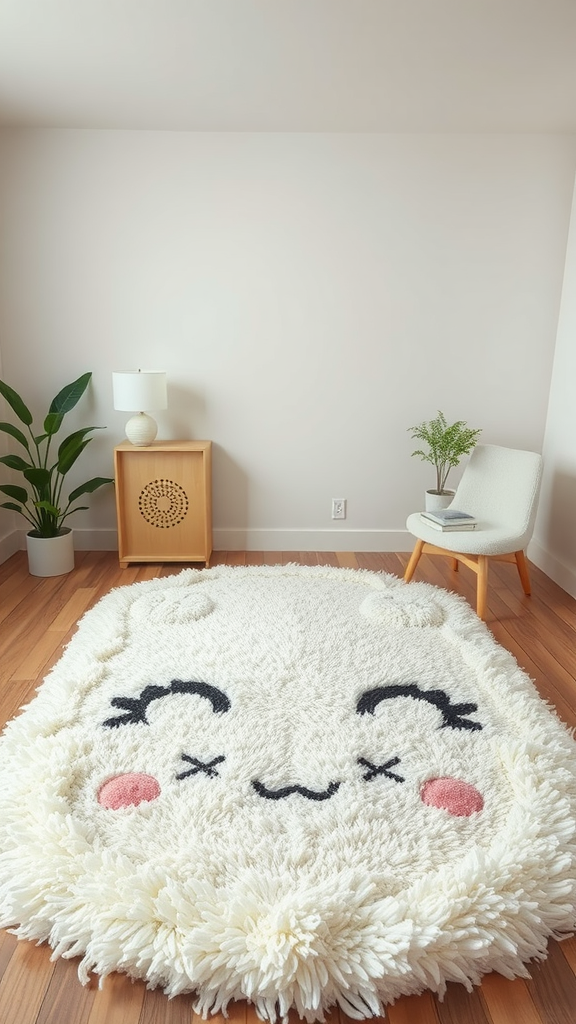 A fluffy kawaii-themed rug with a smiling face and rosy cheeks in a cozy room.
