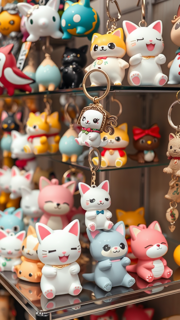 A display of colorful kawaii keychains and figures featuring cute animals.