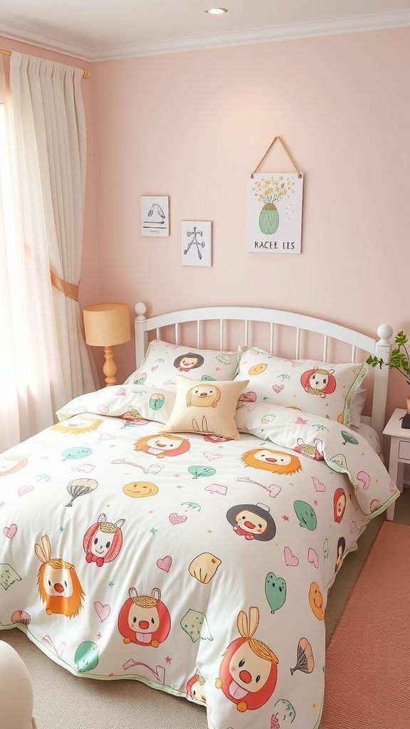 A kawaii bedding set with playful characters in a pastel-themed bedroom.