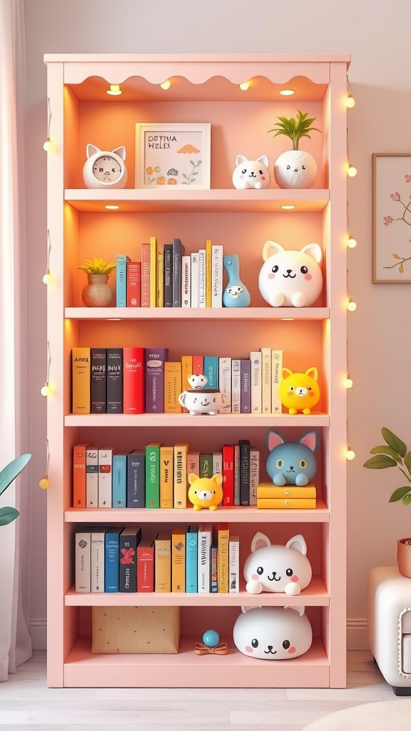 A pink bookshelf filled with colorful books and cute figurines, decorated with warm lights.