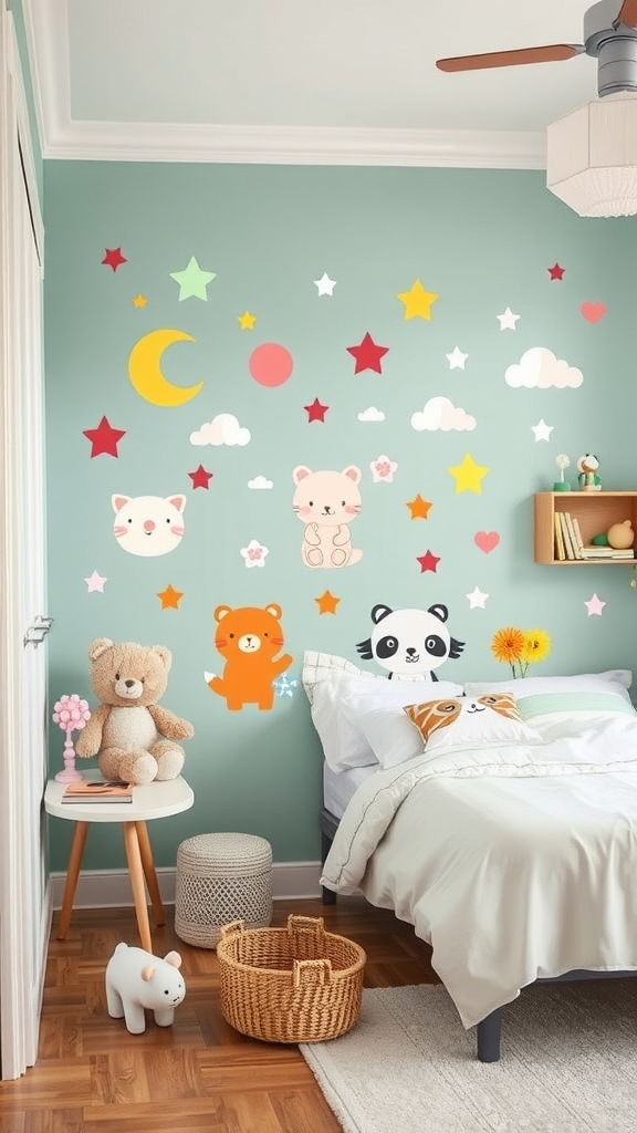 A cozy bedroom with kawaii wall stickers including cute animals, stars, and clouds on a pastel green wall.