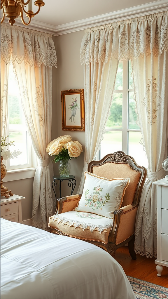 Cozy bedroom corner featuring lace curtains and an embroidered pillow on a vintage chair. Shabby chic bedrooms aesthetic