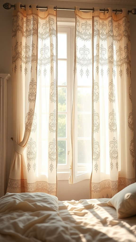 Light filtering through lace curtains in a cozy bedroom setting