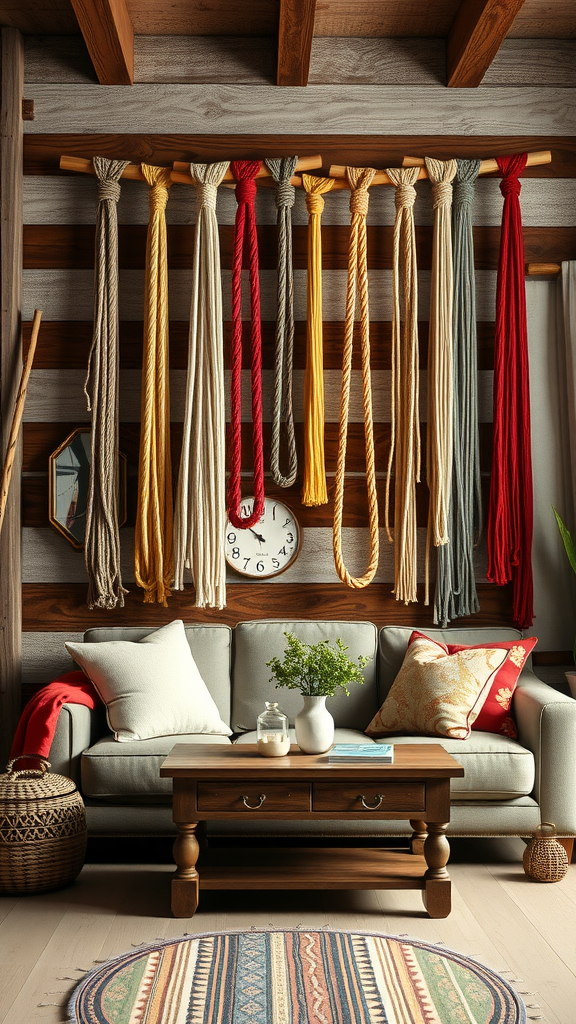A cozy cowboy living room featuring colorful lasso decor hanging on the wall.