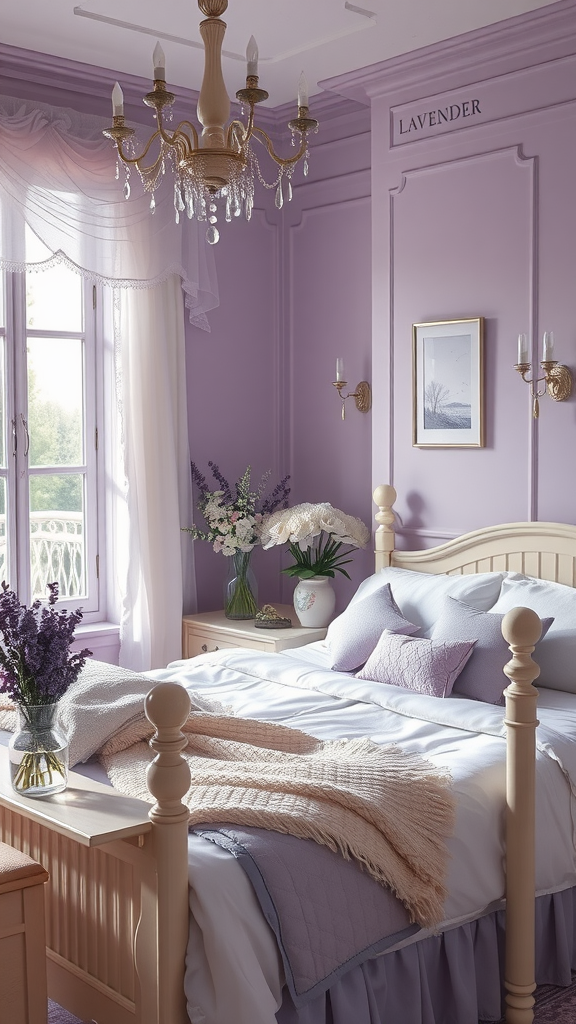 A serene lavender-themed bedroom with soft walls, a cozy bed, and elegant decor.