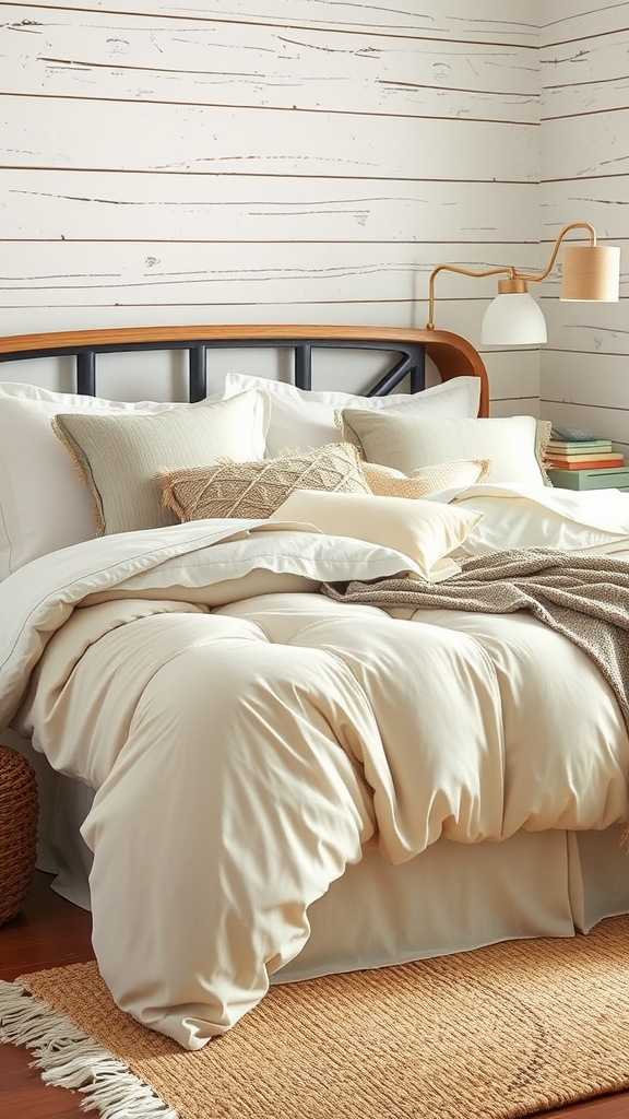 A cozy bed styled with layered bedding, featuring neutral colors and various textures.