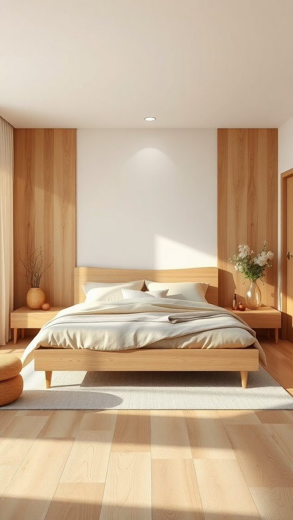 A cozy beige bedroom with natural wood accents featuring a bed with beige bedding and wooden furniture.