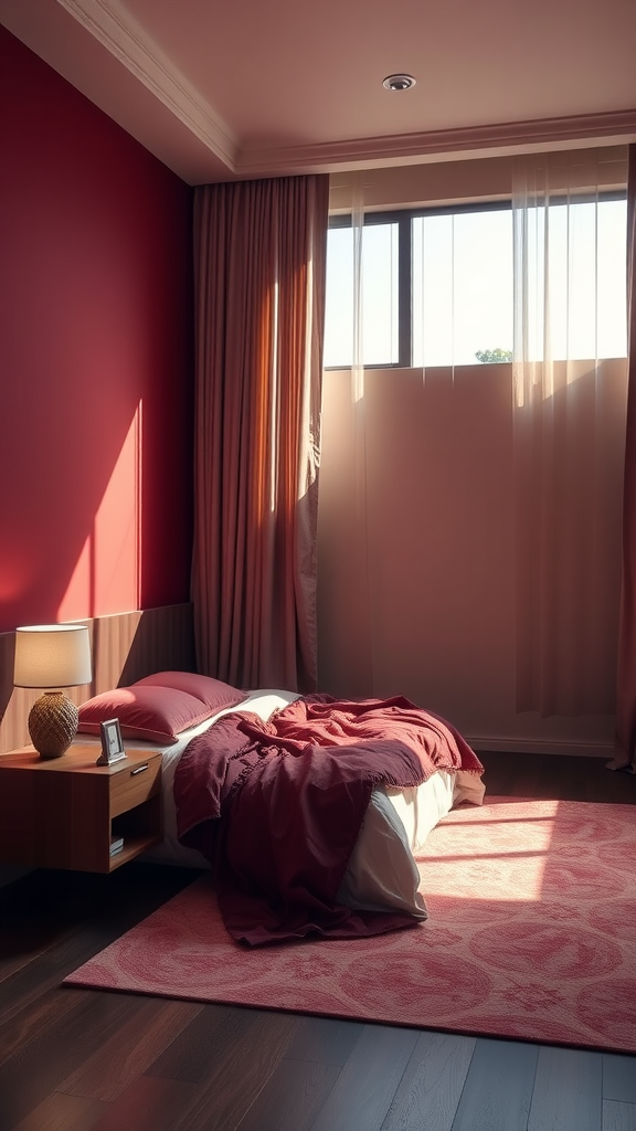 A cozy bedroom with burgundy walls, soft bed linens, and natural light