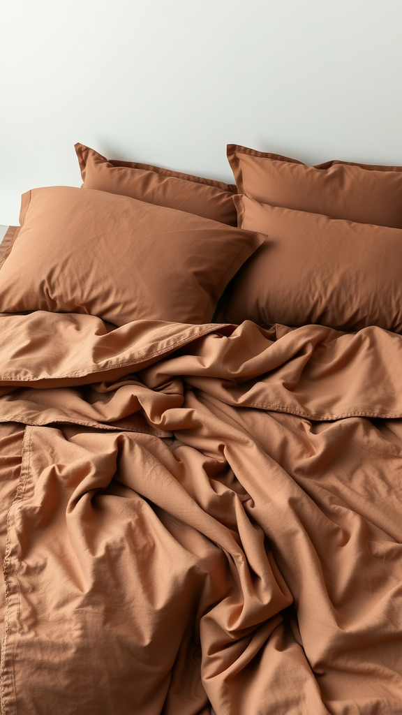 Close-up of chocolate brown bedding with pillows on a bed