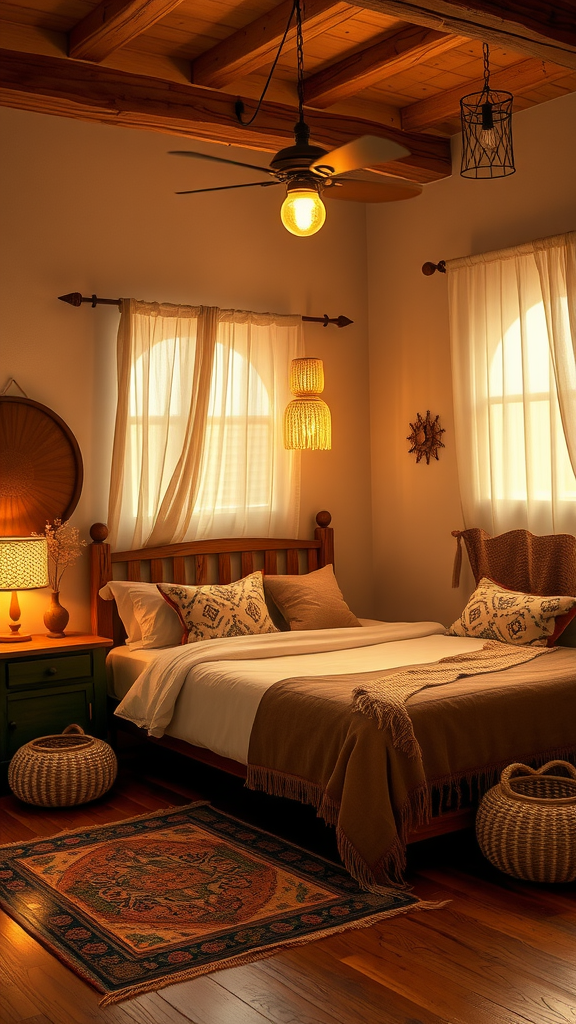 A warmly lit western boho bedroom featuring layered lighting, soft textures, and earthy colors.