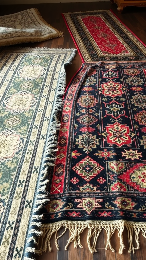 Several layered rugs with different patterns and colors on a wooden floor.