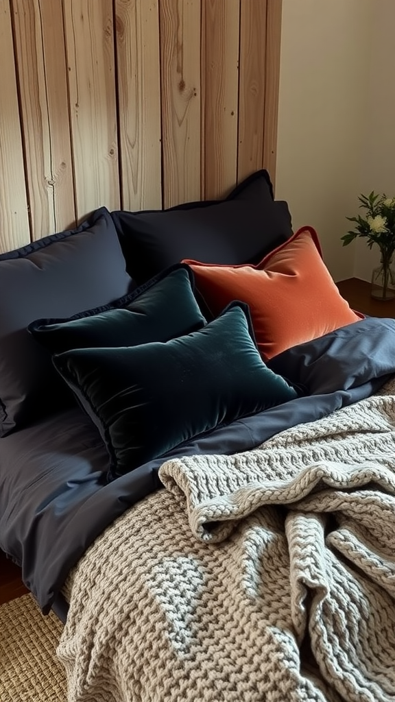 Cozy dark cottagecore bedroom with layered textiles and fabrics