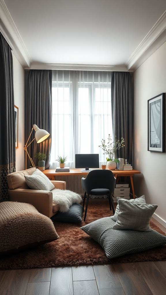 Cozy office space with layered textiles, pillows, and a warm color palette.