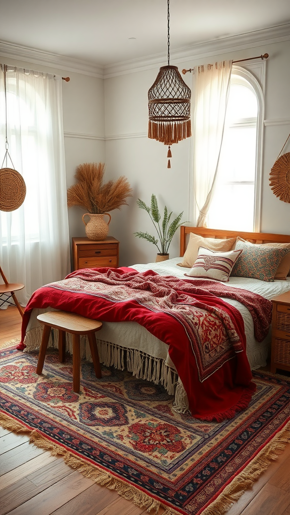 Cozy western boho bedroom with layered textiles, including a red throw blanket, patterned pillows, and a colorful area rug.